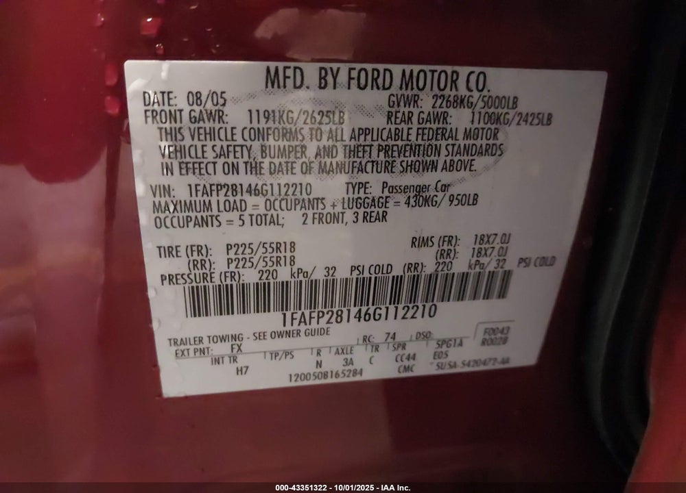 2006 FORD FIVE HUNDRED LIMITED VIN: 1FAFP28146G112210