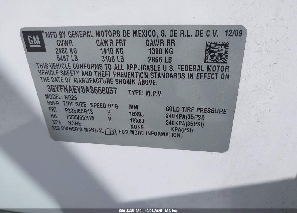 2010 CADILLAC SRX VIN: 3GYFNAEY0AS568057