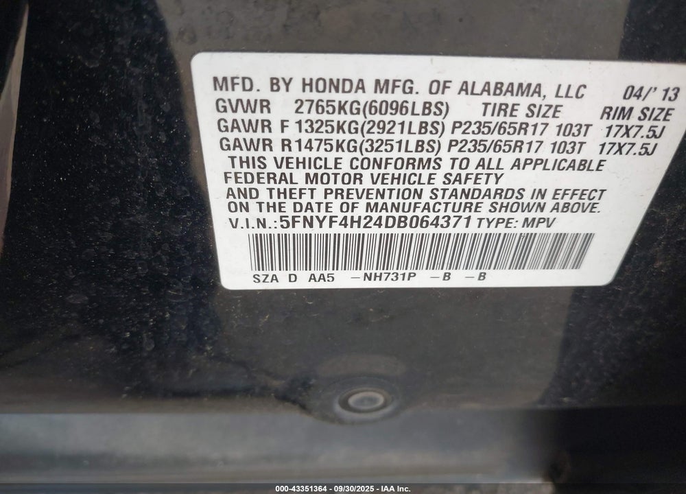 2013 HONDA PILOT VIN: 5FNYF4H24DB064371