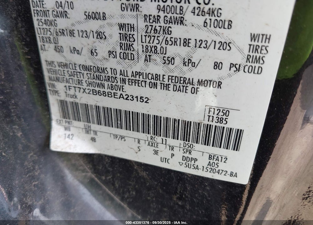 2011 FORD F-250 LARIAT VIN: 1FT7X2B68BEA23152