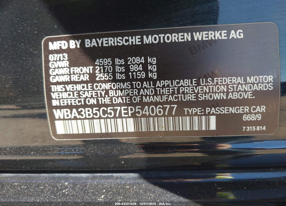 2014 BMW 328I XDRIVE VIN: WBA3B5C57EP540677