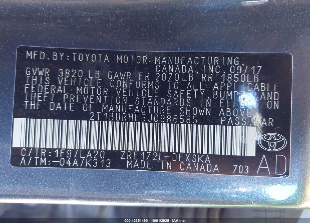 2018 TOYOTA COROLLA XSE VIN: 2T1BURHE5JC986585
