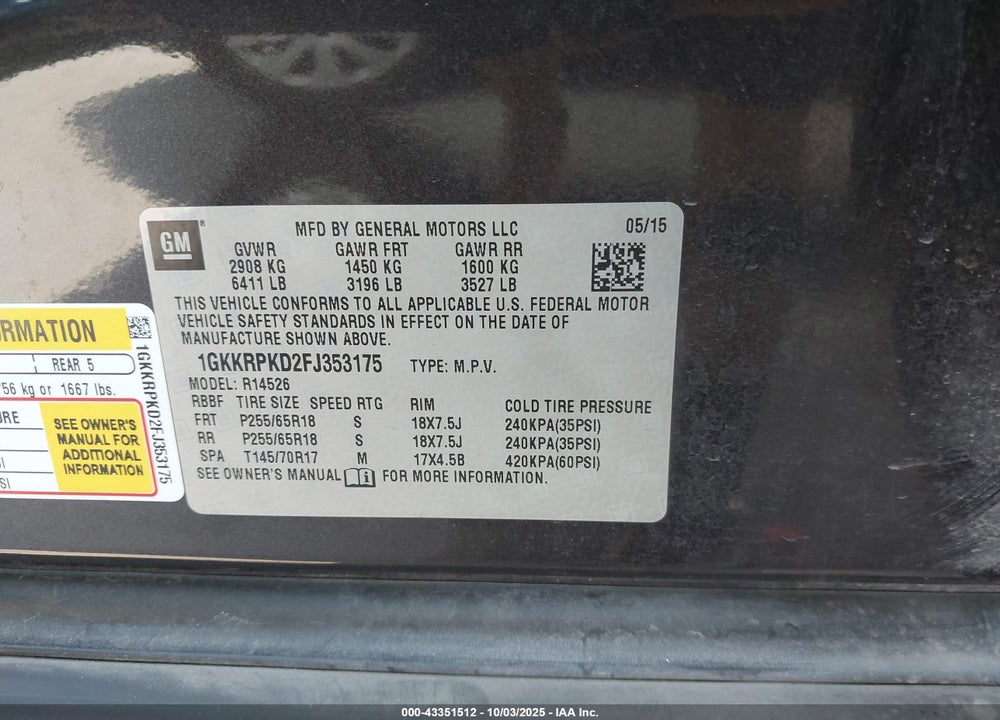 2015 GMC ACADIA SLE-2 VIN: 1GKKRPKD2FJ353175