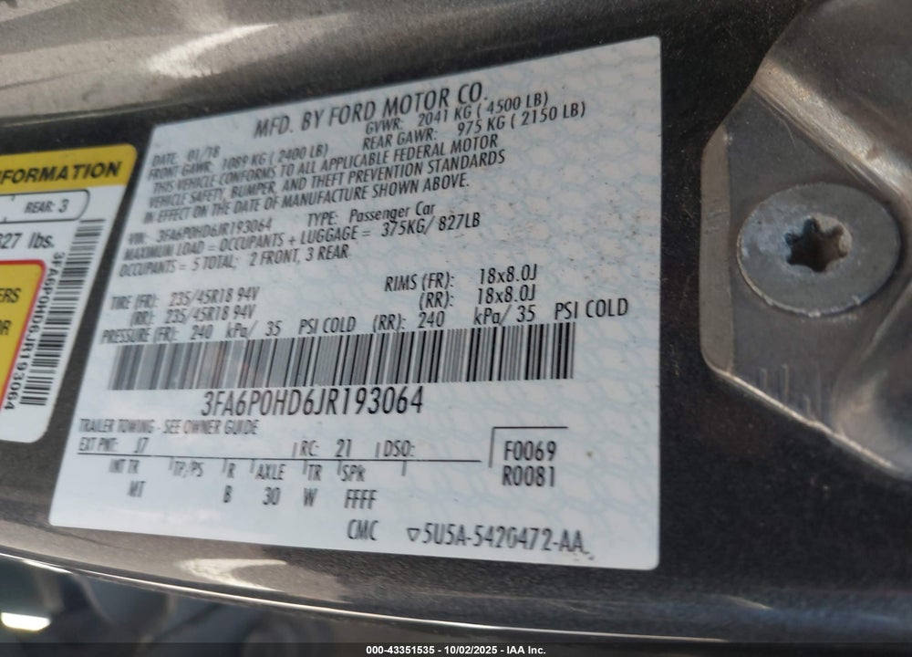 2018 FORD FUSION VIN: 3FA6P0HD6JR193064