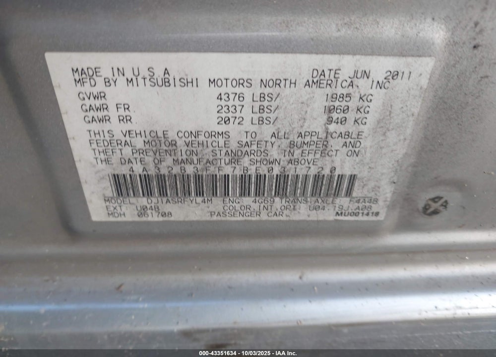 2011 MITSUBISHI GALANT ES/SE VIN: 4A32B3FF7BE031720