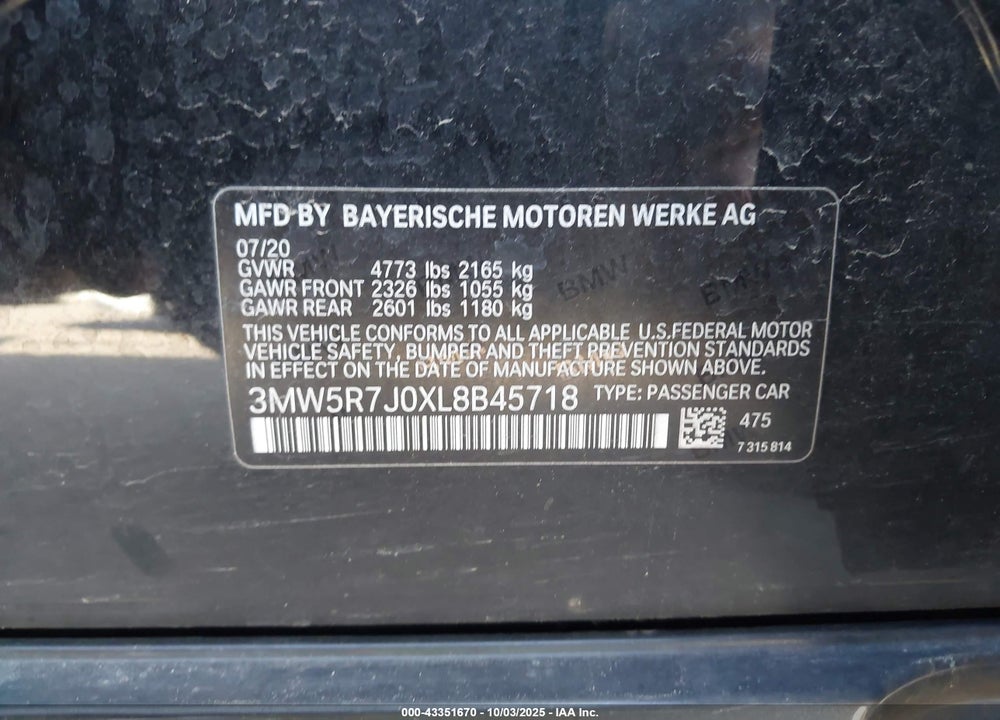 2020 BMW 330I XDRIVE VIN: 3MW5R7J0XL8B45718