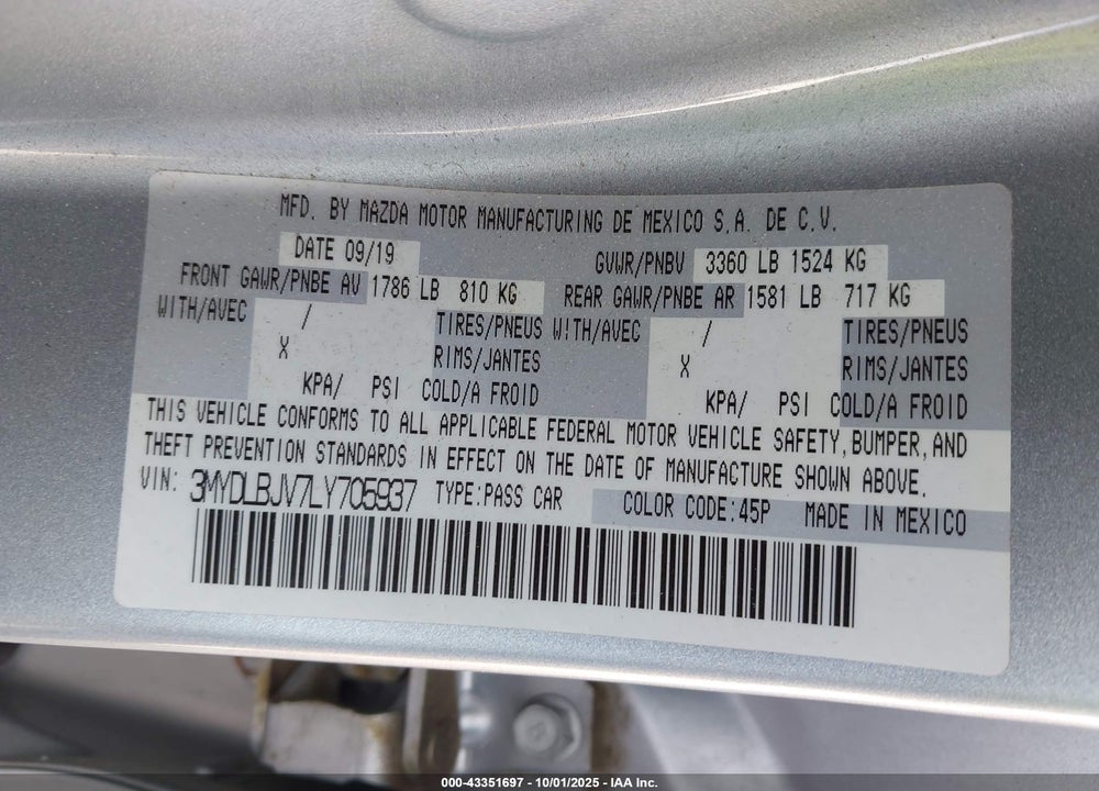 2020 TOYOTA YARIS LE VIN: 3MYDLBJV7LY705937