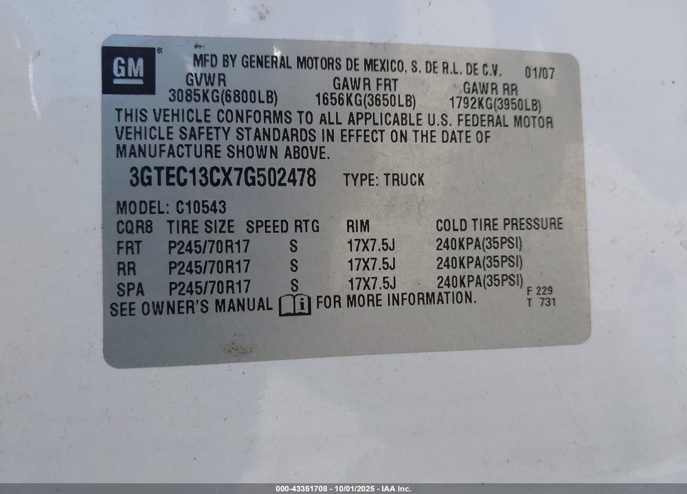 2007 GMC SIERRA 1500 VIN: 3GTEC13CX7G502478