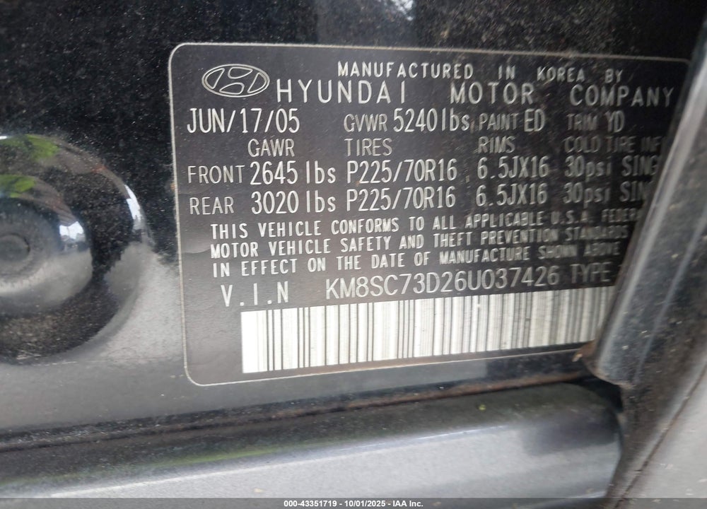 2006 HYUNDAI SANTA FE GLS VIN: KM8SC73D26U037426