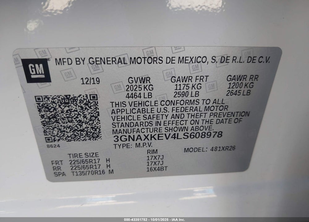 2020 CHEVROLET EQUINOX VIN: 3GNAXKEV4LS608978