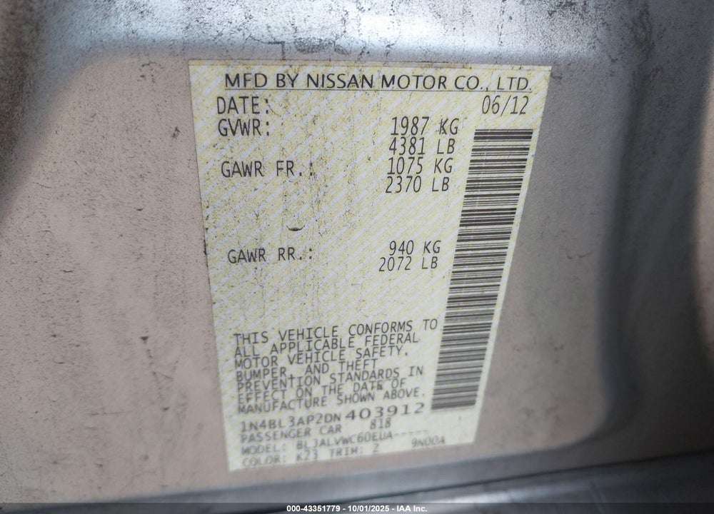 2013 NISSAN ALTIMA 3.5 SL VIN: 1N4BL3AP2DN403912