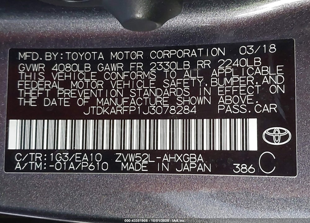2018 TOYOTA PRIUS PRIME VIN: JTDKARFP1J3078284