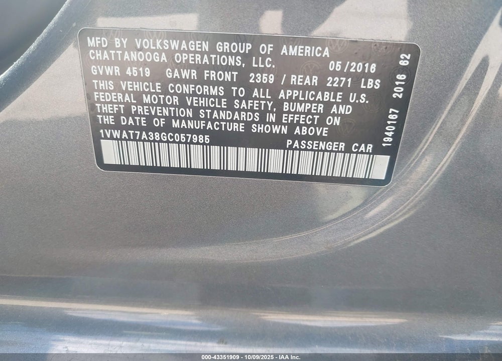 2016 VOLKSWAGEN PASSAT 1.8T S VIN: 1VWAT7A38GC057985