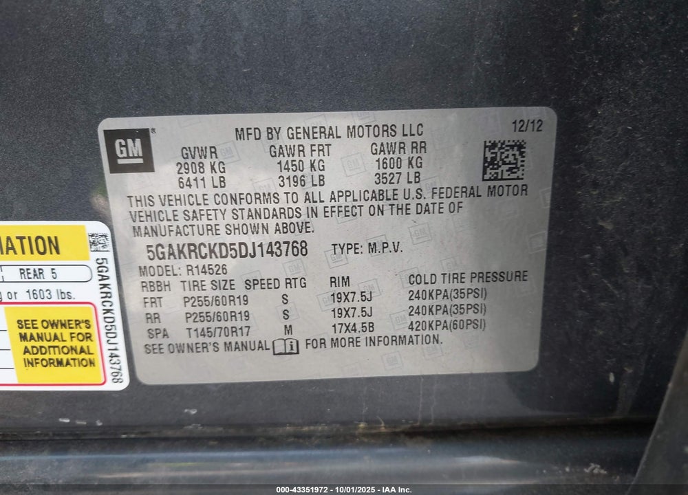 2013 BUICK ENCLAVE VIN: 5GAKRCKD5DJ143768