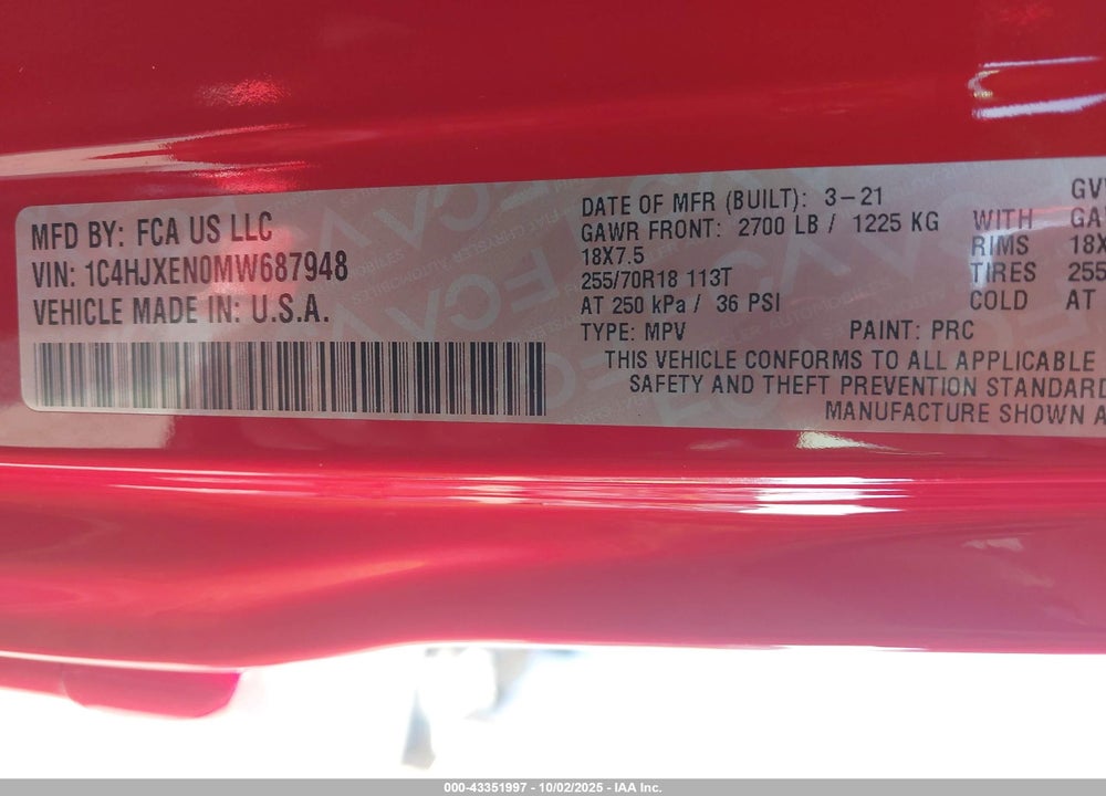 2021 JEEP WRANGLER UNLIMITED VIN: 1C4HJXEN0MW687948