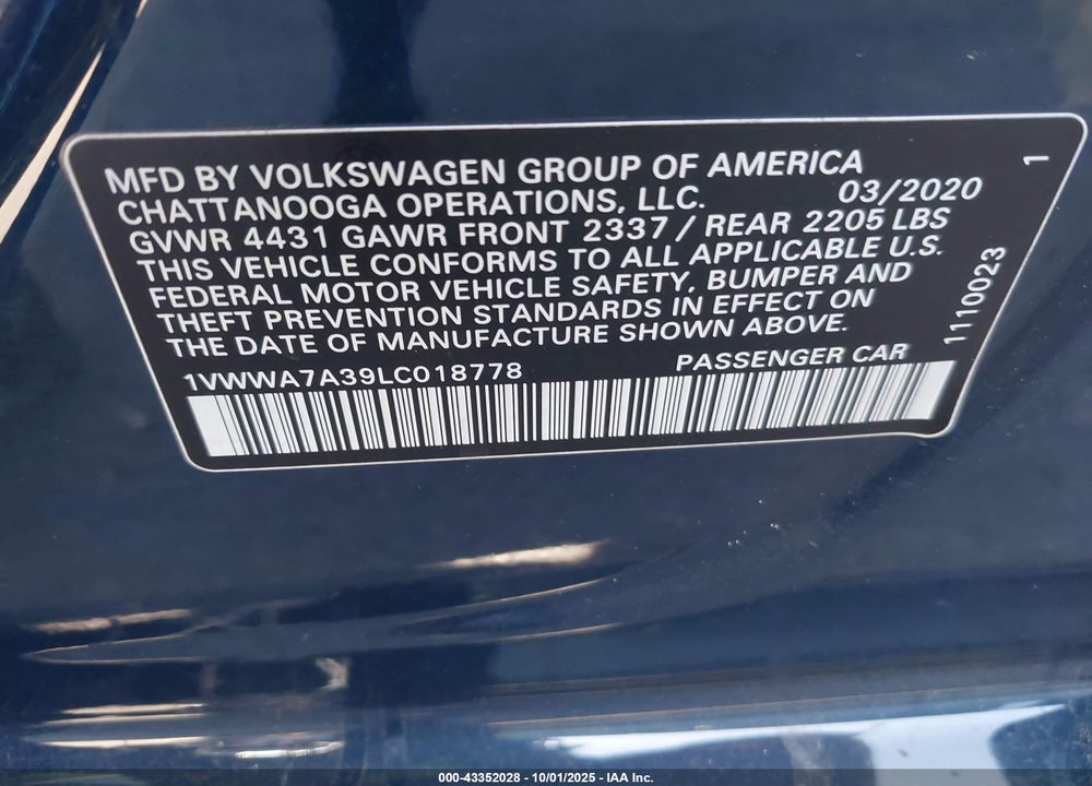 2020 VOLKSWAGEN PASSAT VIN: 1VWWA7A39LC018778