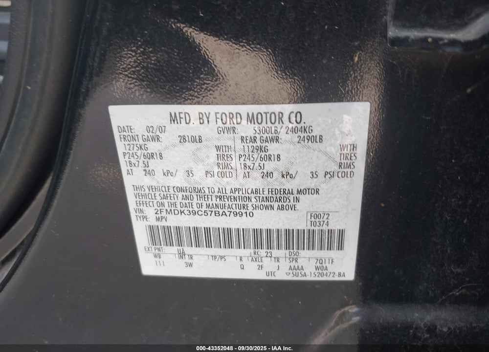 2007 FORD EDGE VIN: 2FMDK39C57BA79910