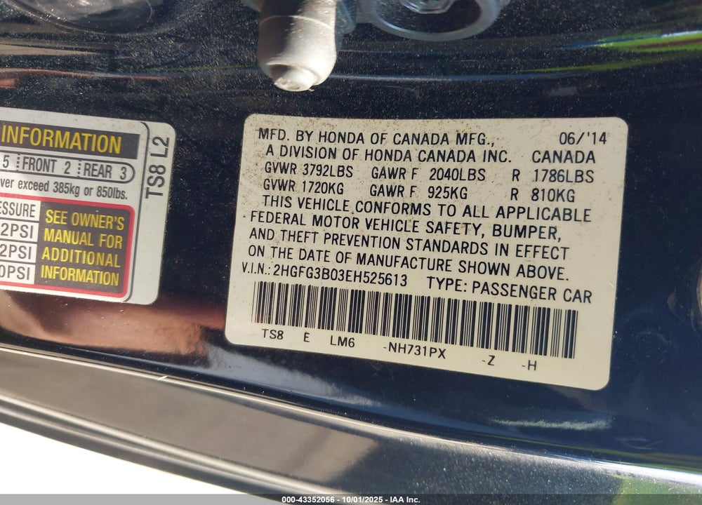 2014 HONDA CIVIC EX-L VIN: 2HGFG3B03EH525613