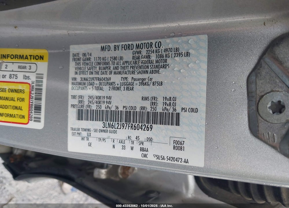 2015 LINCOLN MKZ VIN: 3LN6L2J97FR604269