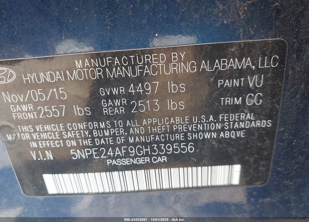 2016 HYUNDAI SONATA SE VIN: 5NPE24AF9GH339556