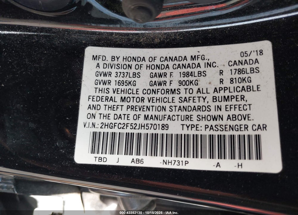 2018 HONDA CIVIC LX VIN: 2HGFC2F52JH570189
