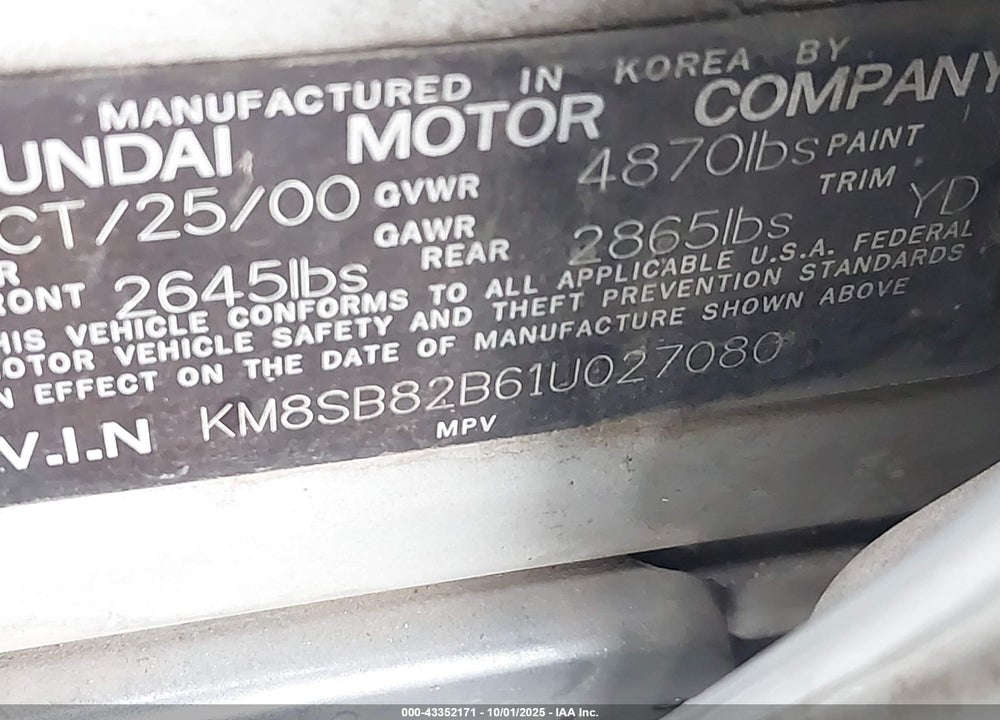 2001 HYUNDAI SANTA FE 2.4L/2.4L GL VIN: KM8SB82B61U027080