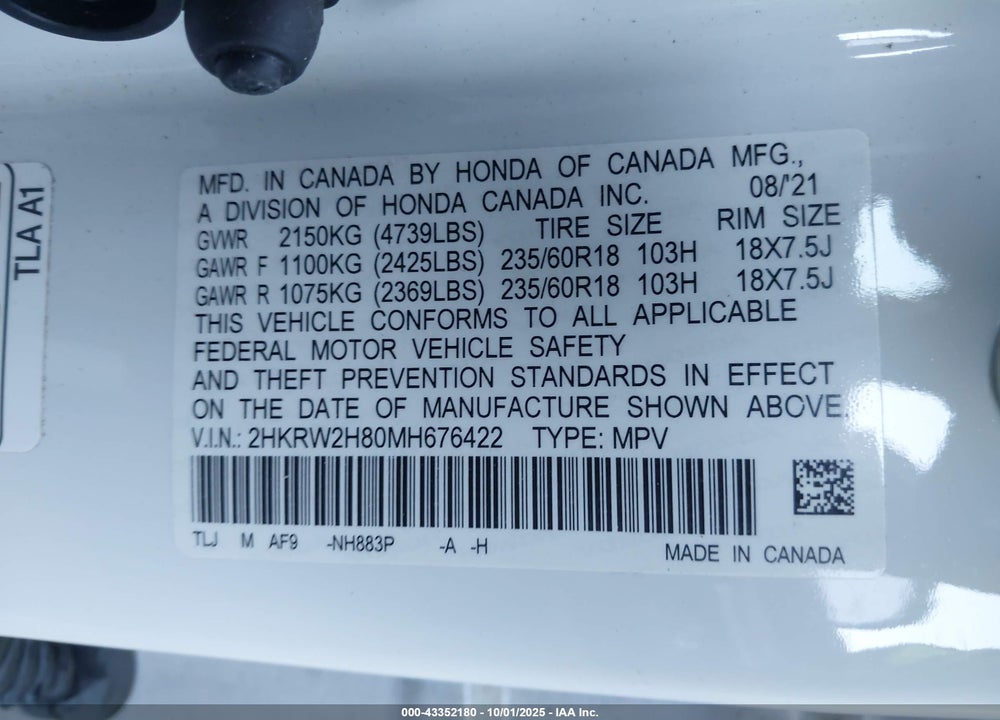 2021 HONDA CR-V VIN: 2HKRW2H80MH676422