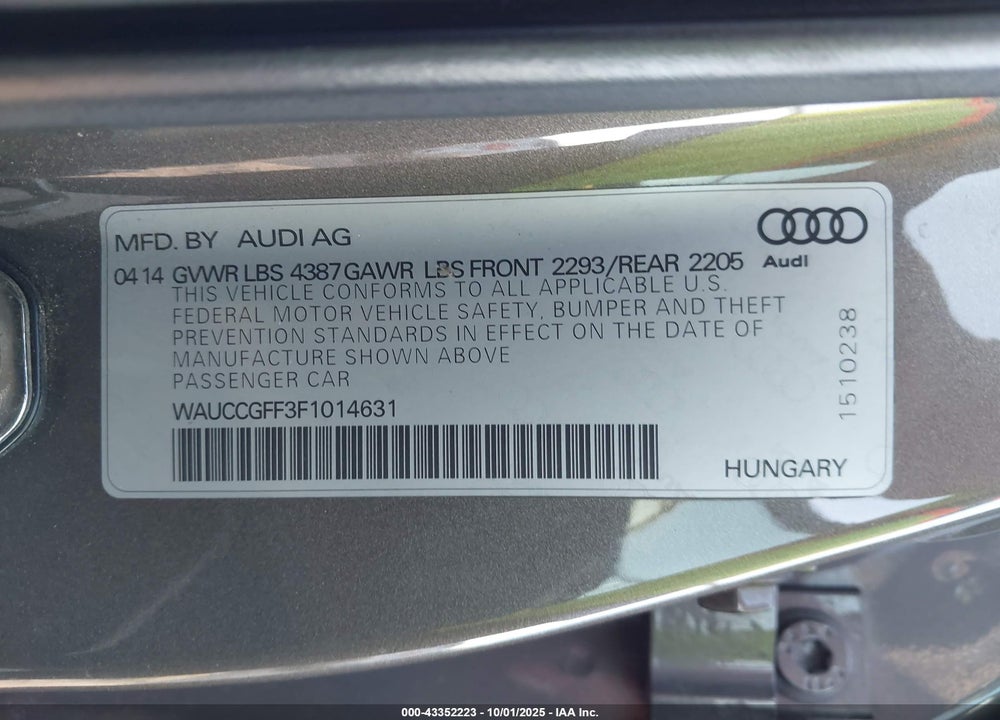 2015 AUDI A3 1.8T PREMIUM VIN: WAUCCGFF3F1014631