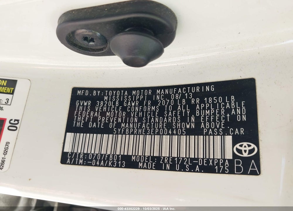 2014 TOYOTA COROLLA LE ECO PLUS VIN: 5YFBPRHE3EP004405