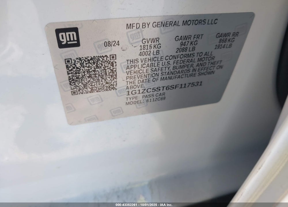 2025 CHEVROLET MALIBU FWD 1FL VIN: 1G1ZC5ST6SF117531