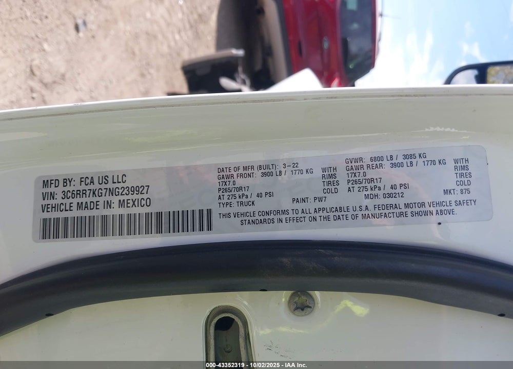 2022 RAM 1500 VIN: 3C6RR7KG7NG239927