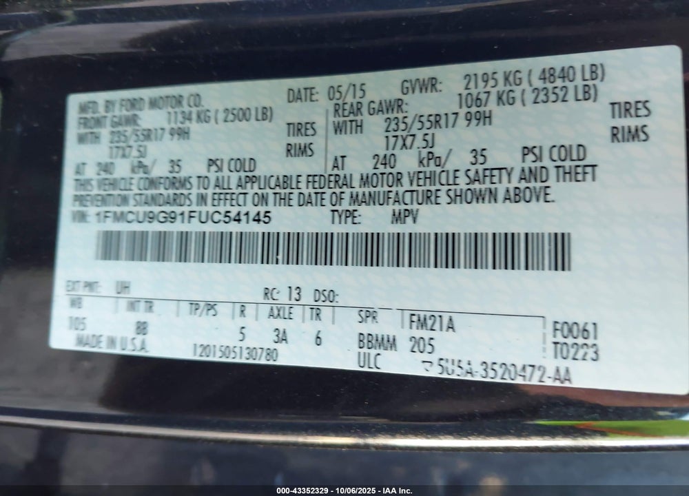 2015 FORD ESCAPE VIN: 1FMCU9G91FUC54145