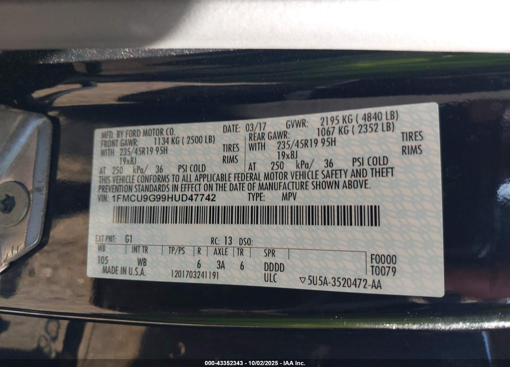 2017 FORD ESCAPE VIN: 1FMCU9G99HUD47742