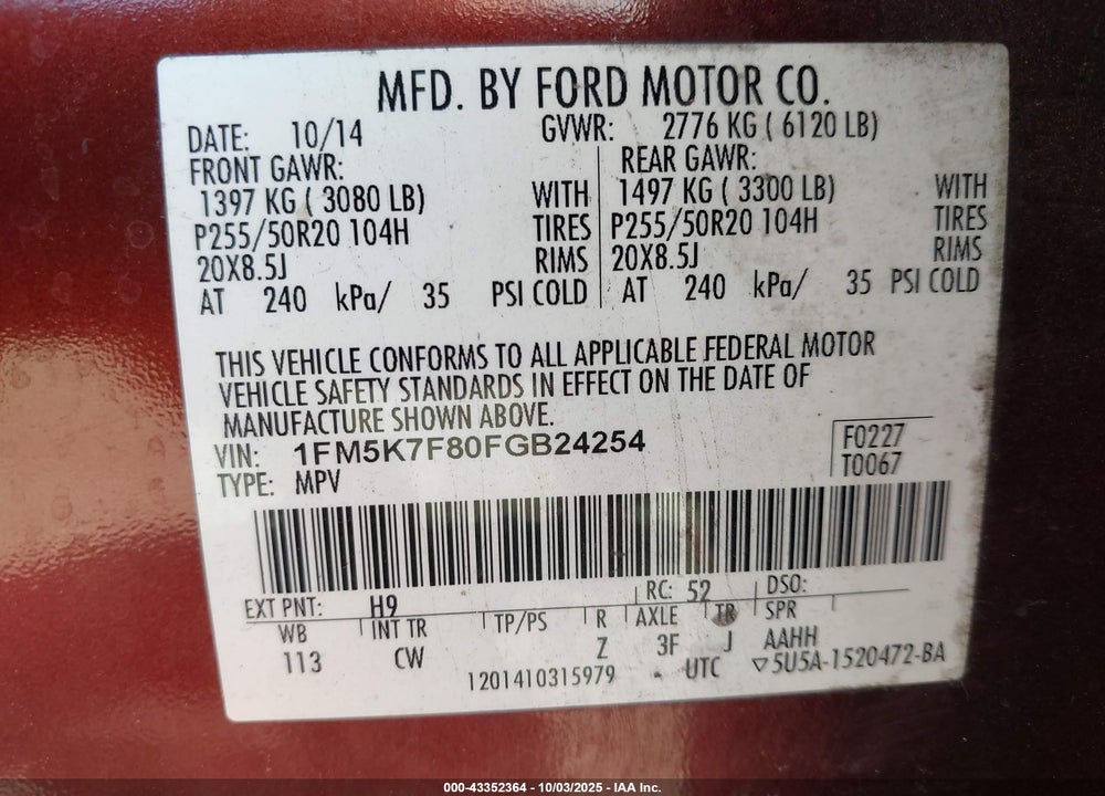 2015 FORD EXPLORER LIMITED VIN: 1FM5K7F80FGB24254