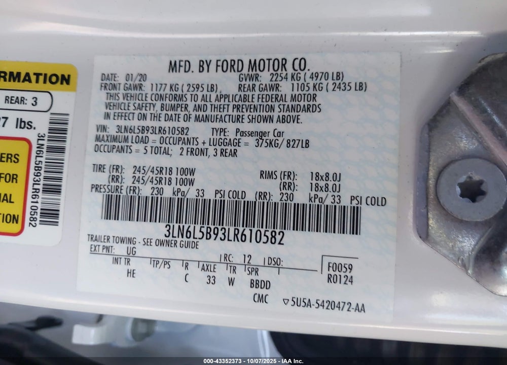2020 LINCOLN MKZ STANDARD VIN: 3LN6L5B93LR610582