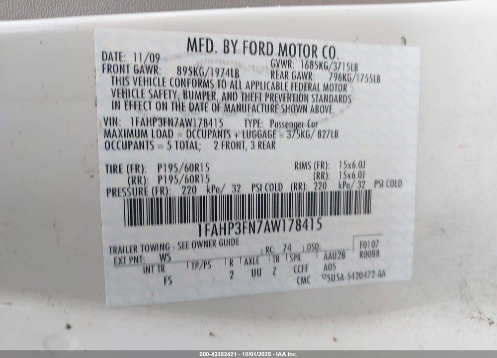 2010 FORD FOCUS VIN: 1FAHP3FN7AW178415