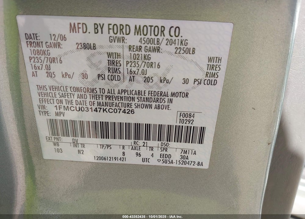 2007 FORD ESCAPE XLT/XLT SPORT VIN: 1FMCU03147KC07426