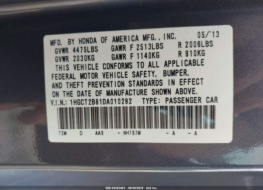 2013 HONDA ACCORD EX-L V-6 VIN: 1HGCT2B81DA010282