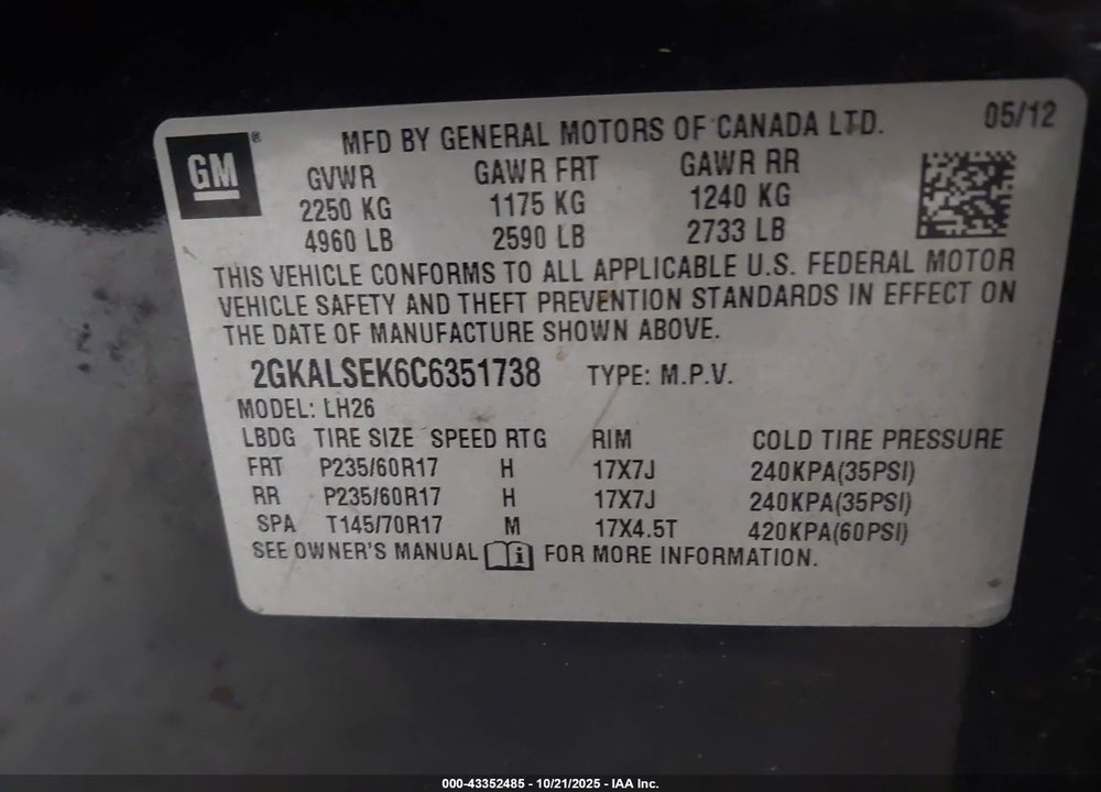 2012 GMC TERRAIN SLE-2 VIN: 2GKALSEK6C6351738