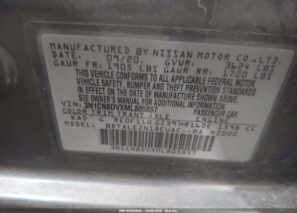 2021 NISSAN VERSA S XTRONIC CVT VIN: 3N1CN8DVXML805857