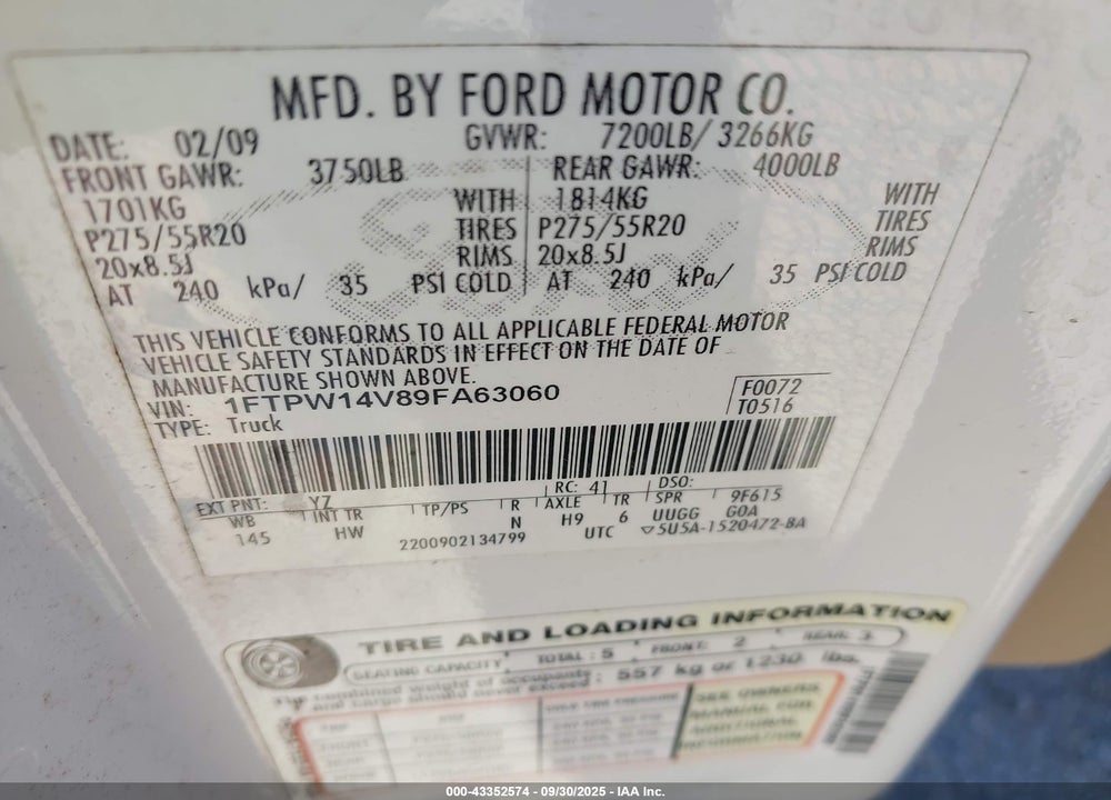 2009 FORD F-150 FX4/KING RANCH/LARIAT/PLATINUM/XL/XLT VIN: 1FTPW14V89FA63060