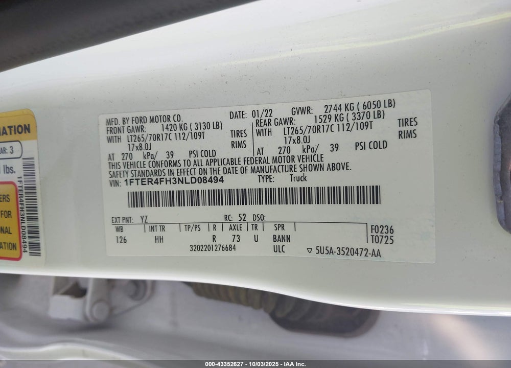 2022 FORD RANGER LARIAT VIN: 1FTER4FH3NLD08494