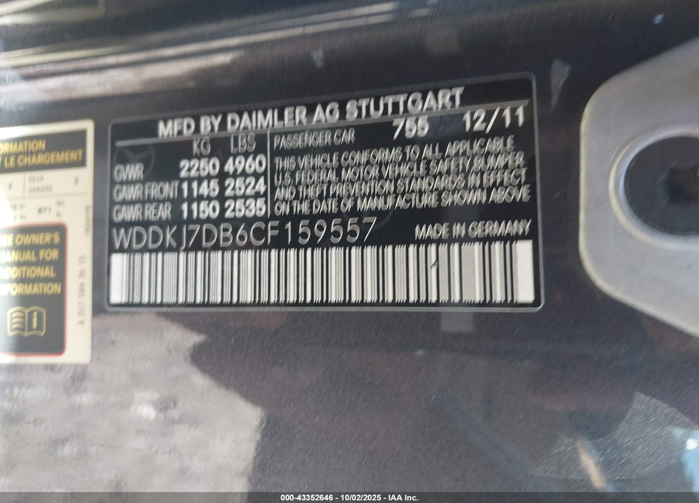 2012 MERCEDES-BENZ E-CLASS VIN: WDDKJ7DB6CF159557