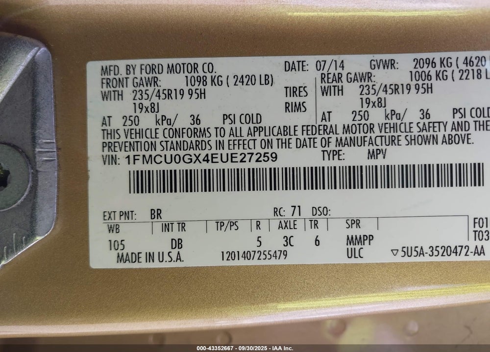 2014 FORD ESCAPE SE VIN: 1FMCU0GX4EUE27259