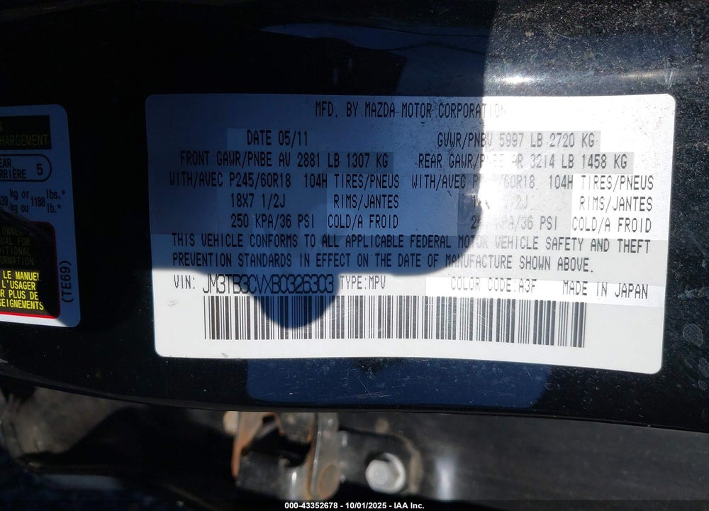 2011 MAZDA CX-9 VIN: JM3TB3CVXB0326303