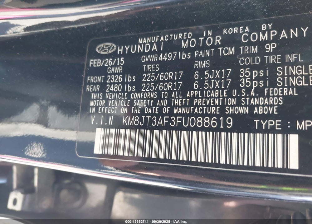 2015 HYUNDAI TUCSON VIN: KM8JT3AF3FU088619