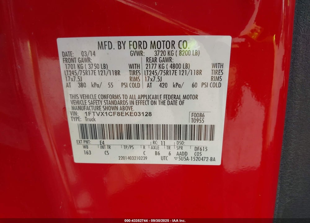 2014 FORD F-150 VIN: 1FTVX1CF8EKE03128