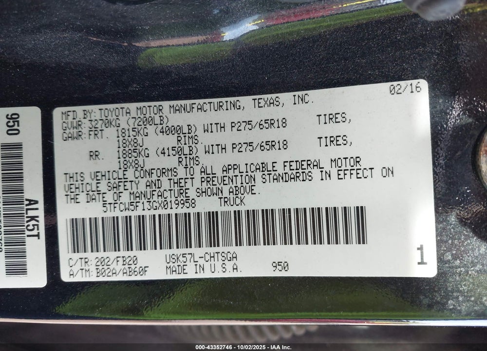 2016 TOYOTA TUNDRA VIN: 5TFCW5F13GX019958