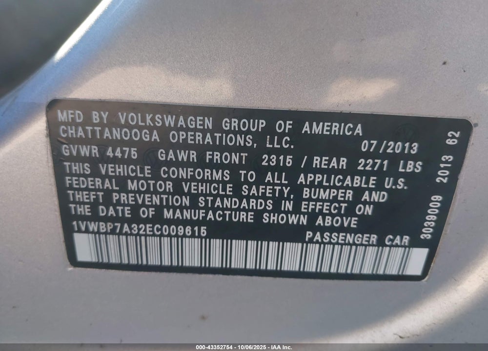 2014 VOLKSWAGEN PASSAT VIN: 1VWBP7A32EC009615