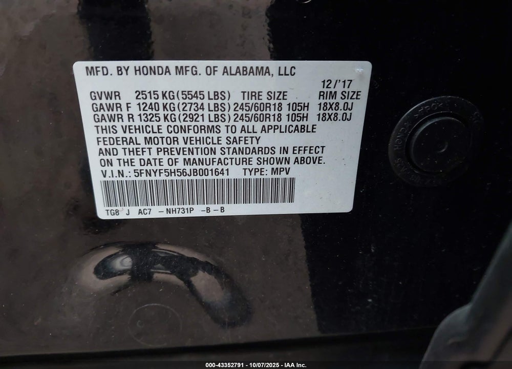 2018 HONDA PILOT VIN: 5FNYF5H56JB001641